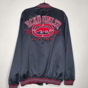 Ecko Unlimited Big Logo Bomber Jacket 2XL Rhino Spell Out Snap Front Y2K Satiny